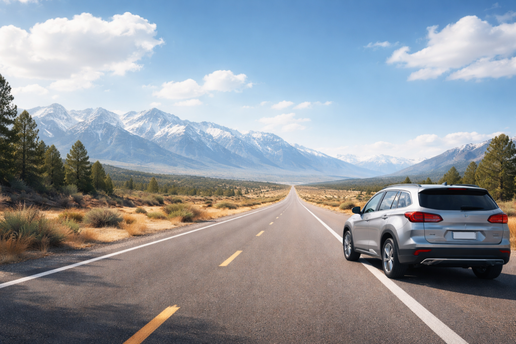 Car on open road with mountains